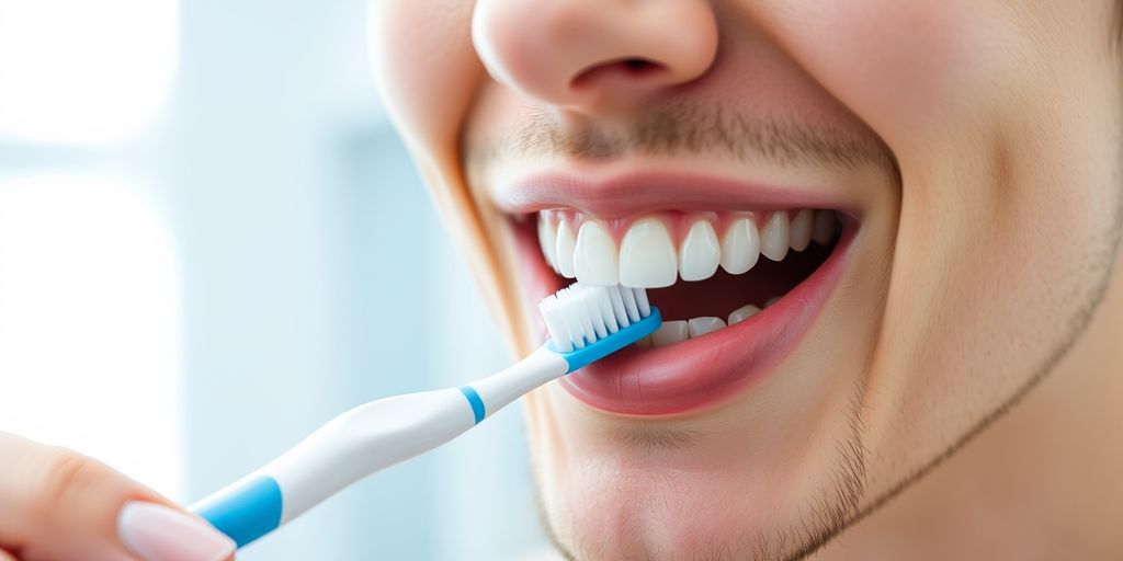 Brushing dental implants in front of mirror