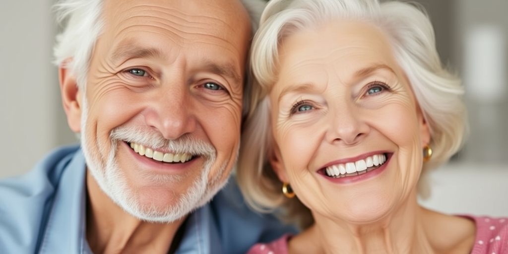 Elderly couple smiling with dental implants